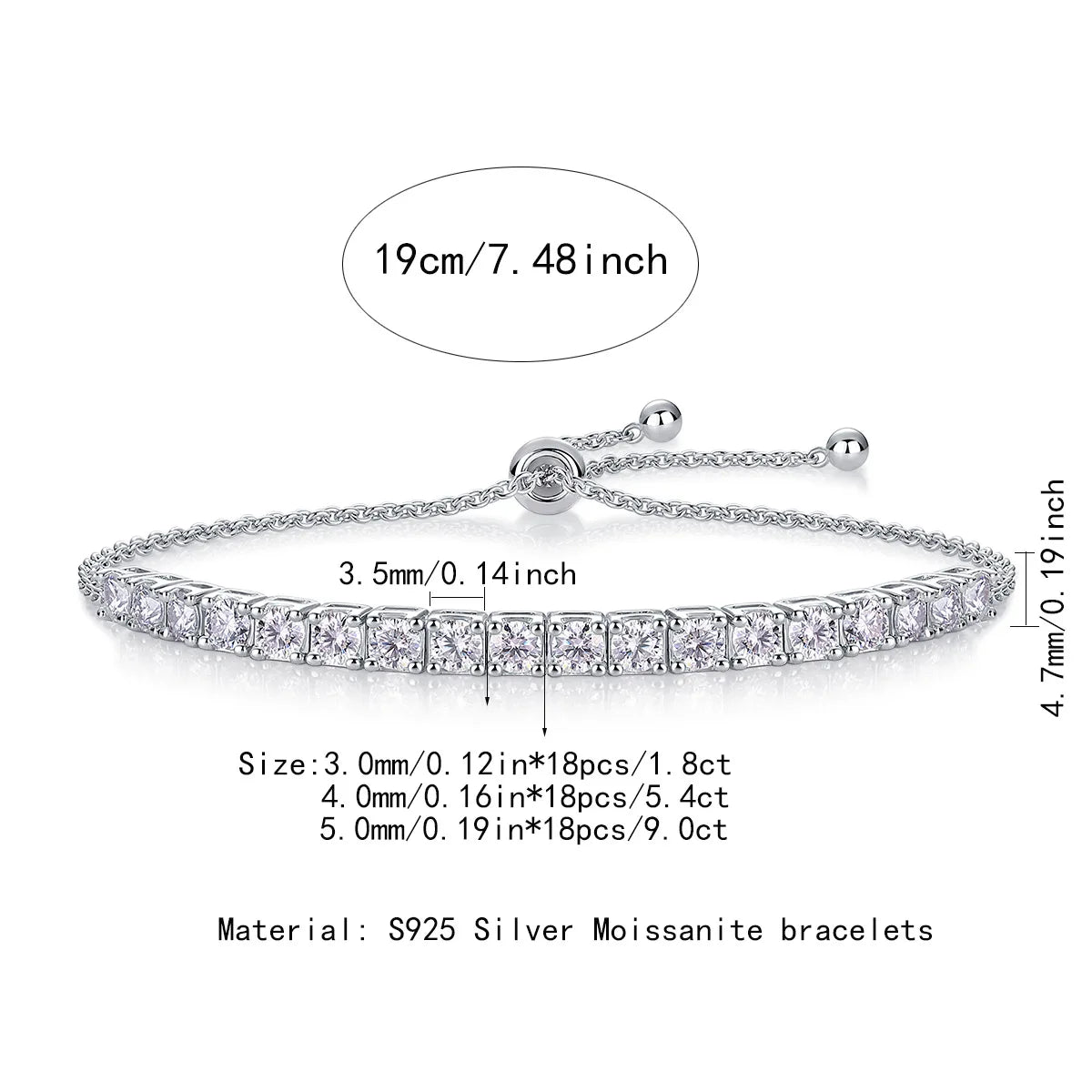 S925 Silver White Gold Plated 3/4/5mm*18 D Color Moissanite Women's Bracelet, Exquisite Jewelry.