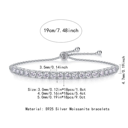S925 Silver White Gold Plated 3/4/5mm*18 D Color Moissanite Women's Bracelet, Exquisite Jewelry.